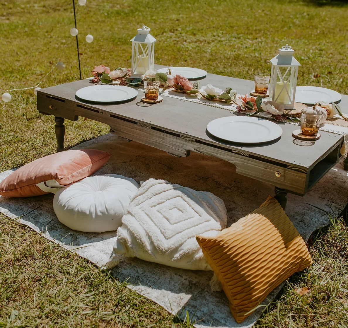 Picnic table set for lunch