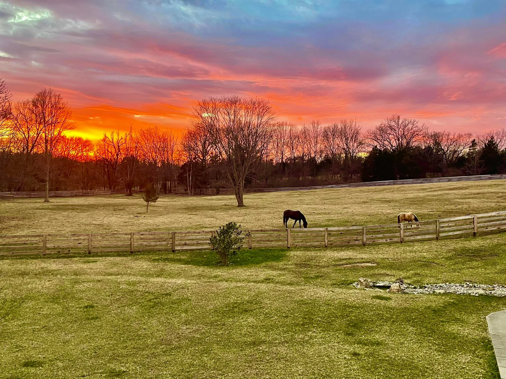 Sunset over the rear horse paddock